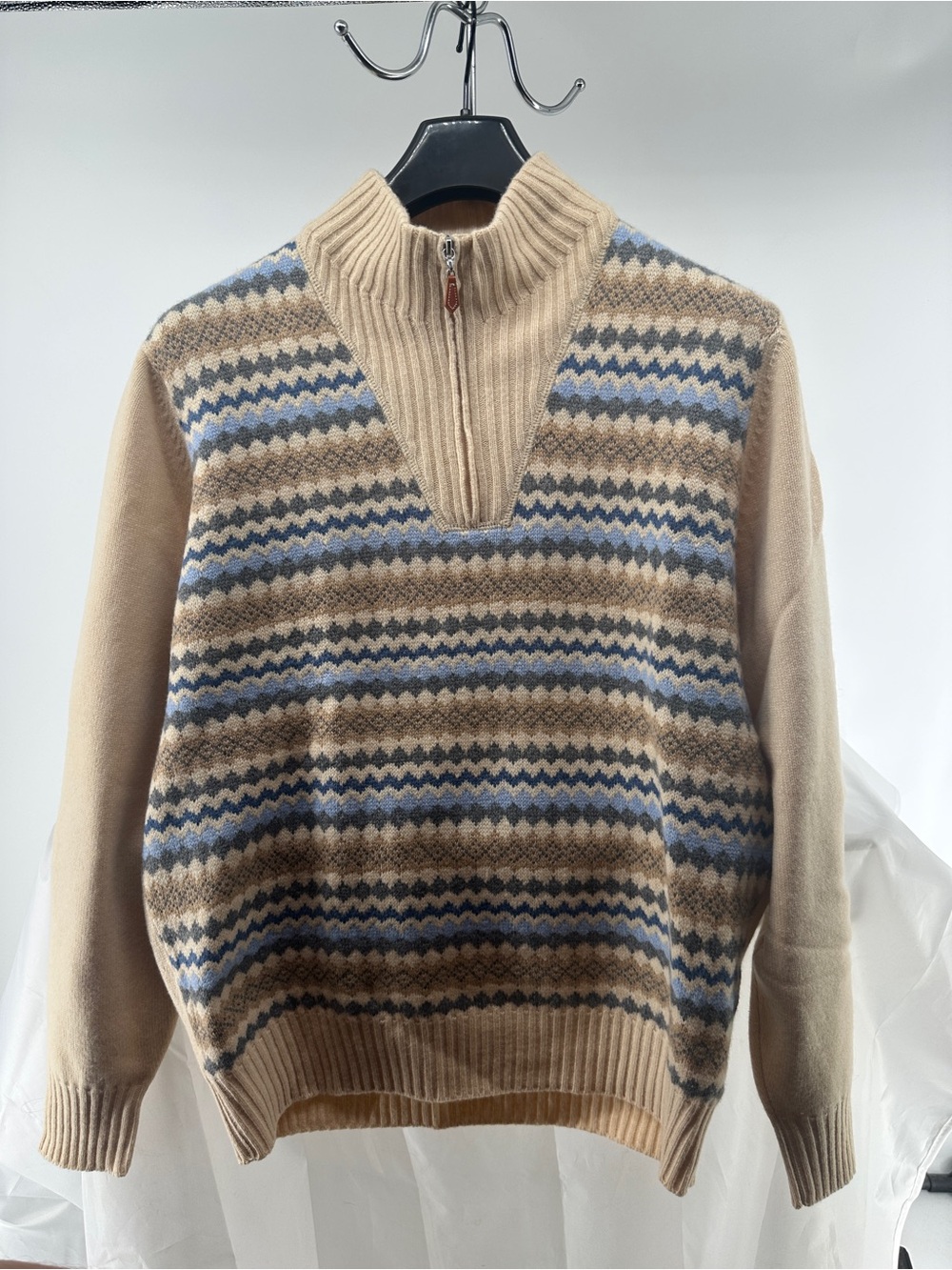 Brunello Cucinelli cashmere blend faire isle quarter zip sweater